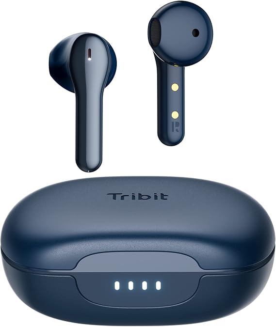 Tribit Wireless Headphones, Wireless Bluetooth Earbuds, Noise Canceling with 4 Microphone 32H Playtime, Waterproof Earphones for Music Calls School Work, Flybuds C2 Blue