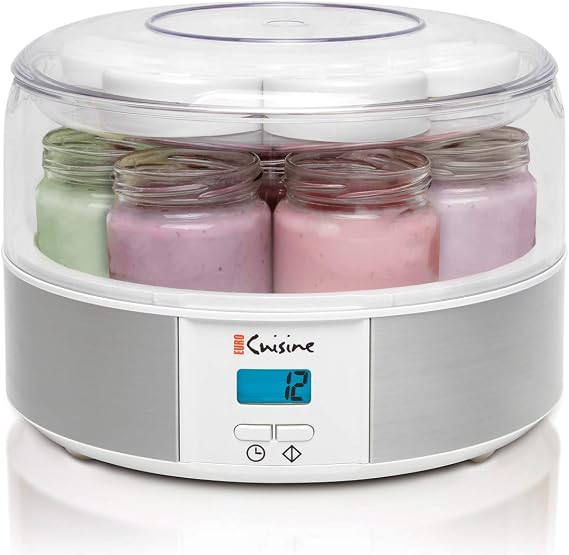 Euro Cuisine Yogurt Maker - YMX650 Automatic Digital Yogurt Maker Machine with Set Temperature - Includes 7-6 oz. Reusable Glass Jars and 7 Rotary Date Setting Lids for Instant Storage