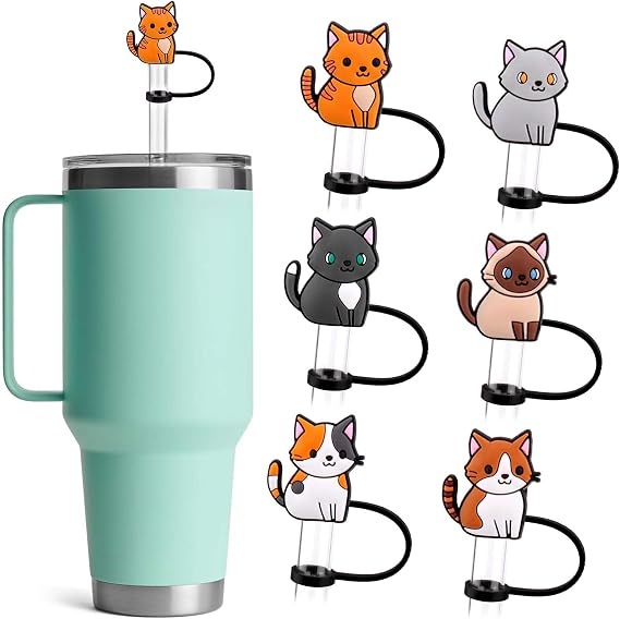 XANGNIER Cute Silicone Straw Cover Cap for YETI Cup,6 Pcs Reusable Cat Straw Topper for YETI 25 oz,35 oz,42 oz Straw Mug Accessories