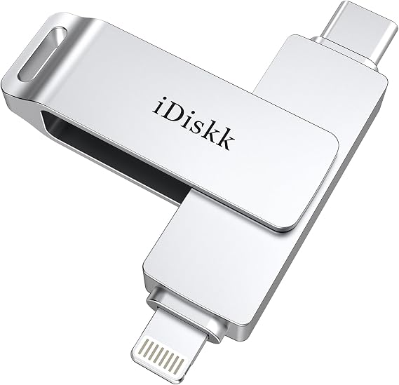 iDiskk 256GB MFi Certified Dual-Port Photo Flash Drive | Lightning & USB C photo stick for iPhone17/16/15/14/13/12, one-tap photo backup, supporting APP is required