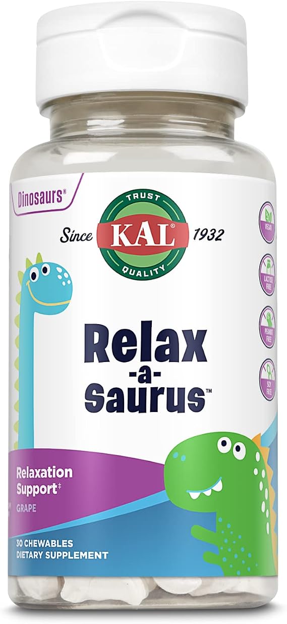 KAL Relax-a-Saurus, Stress Support Supplement for Kids, L-Theanine for Children with Herbal Stress Relief & Relaxation & Blend, Delicious Natural Grape Flavor, 30 Chewables