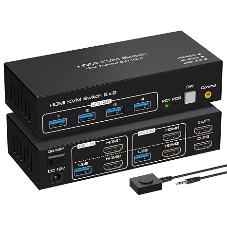 VPFET HDMI KVM Switch 2 PC 2 Monitors 4K60Hz KVM Switches Dual Monitors with 4 USB Ports Support Copy and Extended Display and Desktop Control Includes 2 USB 3.0 Cables