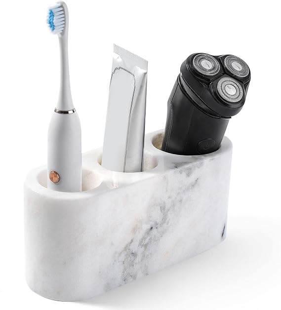 BCS Toothbrush Holder for Bathrooms, 3 Slots Marble Toothbrush Organizer, Makeup Brush Stand Toothbrush Storage Collection for Bathroom Countertop Vanity Organization - Grigio Fantasy