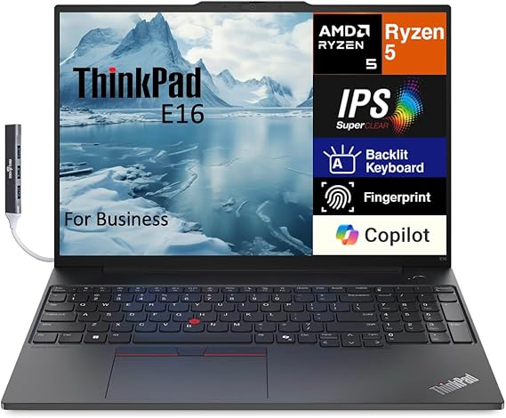 Lenovo ThinkPad E16 Gen 1 Business Laptop 16.0" WUXGA IPS Display 300 nits (AMD Ryzen 5 7530U 6-Core 2.00GHz, 16GB RAM, 512GB PCIe SSD, AMD Radeon, Backlit KYB, FP, WiFi 6, Win11Pro) w/Dockztorm Hub | AMD Ryzen 5 230 6-Core 2.00GHz, 16GB RAM, 512GB PCIe SSD, Backlit Keyboard & Fingerprint Reader, w/ Dockztorm Hub