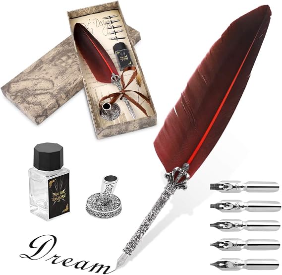 Quill Pen Antique Calligraphy Handmade Writting Quill Pen Set for English Writing, Vintage Stationery Gift with 1 Empty Ink Bottle 5 Nibs 1 Nib Base for