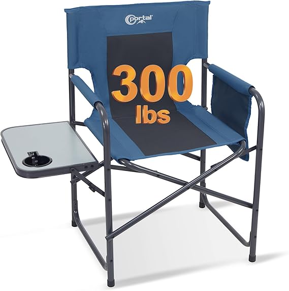 Portal Directors Chair Camping Chairs for Adults with Side Table Folding Lawn Chairs for Adults, Directors Chairs Foldable for Outdoor Chairs for Beach, Travel, Heavy Duty Supports 300LBS, Blue/Grey