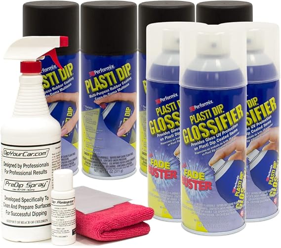 DipYourCar Plasti Dip Gloss Black Wheel Paint Kit - DIY Set with Cans of Sprayable Automotive Peelable Protection PreDip Cleaner Spray DipRelease for Tires and Microfiber Towel for Car Rims.