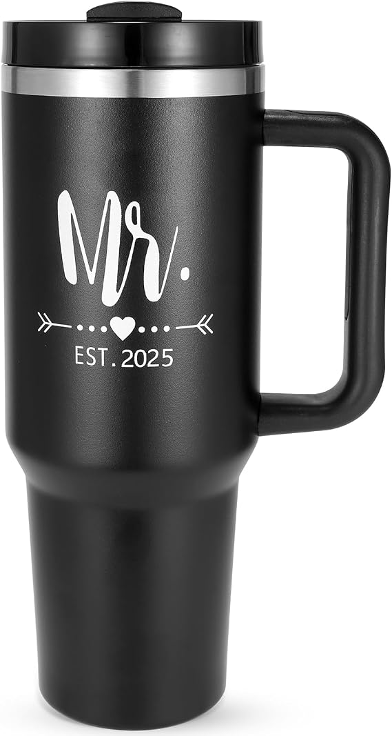 Mr & Mrs Tumblers, Mr and Mrs EST 2025 Stainless Steel Insulated Tumbler Set with Straw & Handle, 40 oz Travel Mug Tumbler for Couples Engagement Wedding Gifts, Cups for Bridal Shower Anniversary