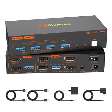 4K HDMI KVM Switch 2 Monitors 2 Computers, 4K@60Hz Dual Monitors KVM Switcher 2PC Extended Display for 2 Port Sharing 4 USB 3.0 Hub Keyboard Mouse Hard Drives Printer with 2 USB Cables,Controller