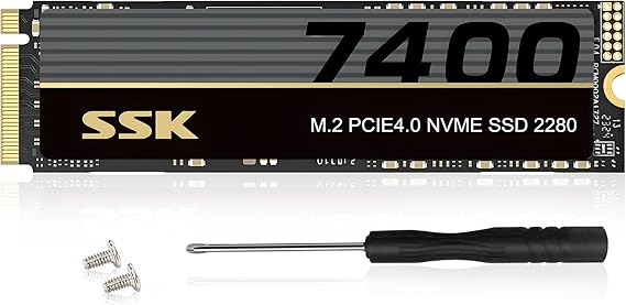 SSK M.2 NVMe SSD 1TB, PCIe Gen 4.0 x4 M.2 2280 SSD Card Up to 7400MB/s, NVMe 2.0 Internal Gaming Solid State Drive Support DRAM-Less Low Power Consumption, Trim, Graphene Heatsink Included