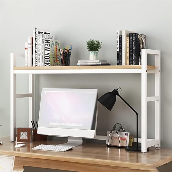 Computer Desk Bookshelf, Office Desktop Storage Shelf Display Rack, Matel and Wood Countertop Bookcase Shelves (Color : B, Size : 135CM)