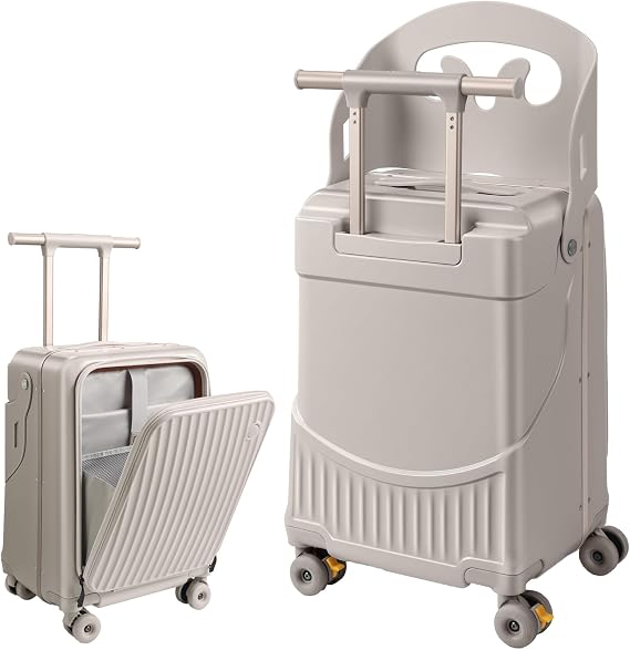 20 Inch Kids Suitcase with Seat, Ride On Luggage for Children, Front-Opening Hardshell Travel Trolley with Multi-Level Handle & TSA Lock, Gift Cushion Included(Khaki)