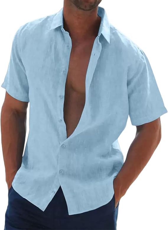 Mens Linen Shirts Short Sleeved Summer Beach Shirt Regular Fit Cotton Shirt Button Down Loose fit Holiday Shirt