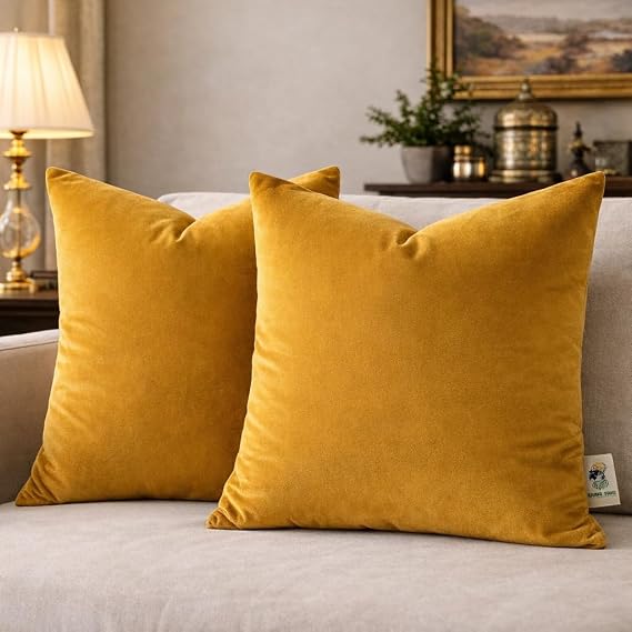 Velvet Pillow Covers 18x18 Set of 2 | Soft Plush Decorative Throw Pillow Cases | Hidden Zipper Home Decor (Mustard Yellow)