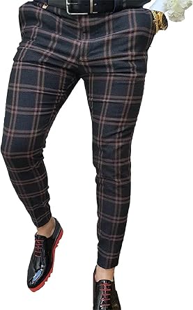 Mens Dress Pants Plaid Skinny Slim Fit Dress Pants Stretch Regular Fit Business Casual Fashion Golf Pencil Chinos Pants