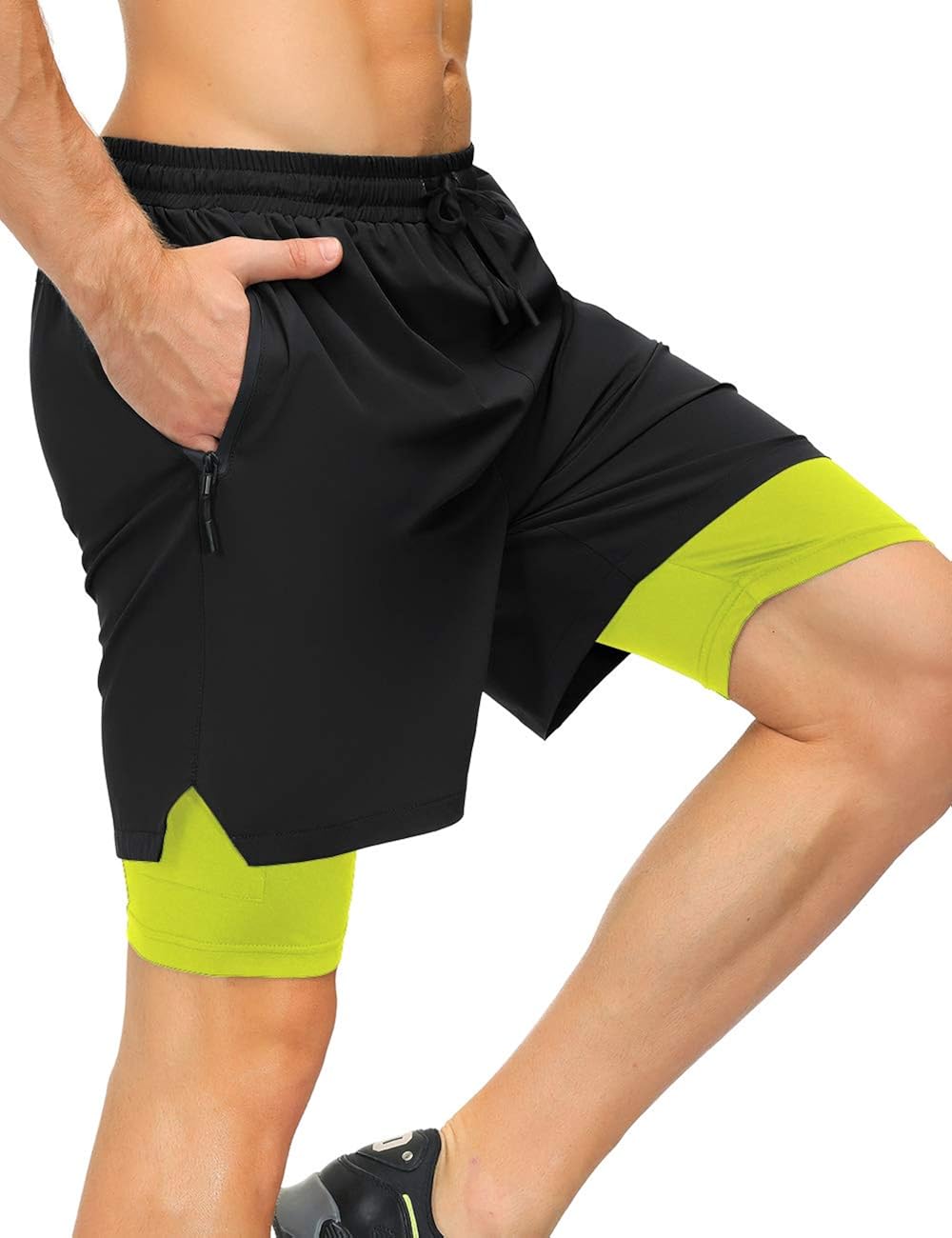 Poriff Mens Running Shorts Workout Training Short 2 in 1 Compression Shorts with Phone Pocket,Zipper Pockets,Towel Loop