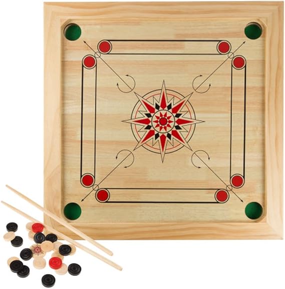 Carrom Board Game - Wooden Strike and Pocket Game Set with Group of Black and Beige Coins, 2 Red Queen Coins, Striker Coin, and Cue Sticks by Hey Play