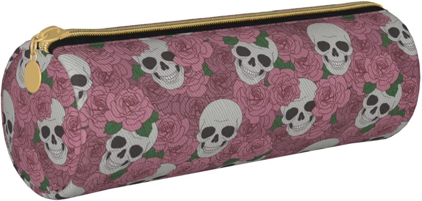 Skulls And Pink Roses Pencil Cases Big Pencil Case Aesthetic Pencil Pouch For Office Organizer School Kids Teens