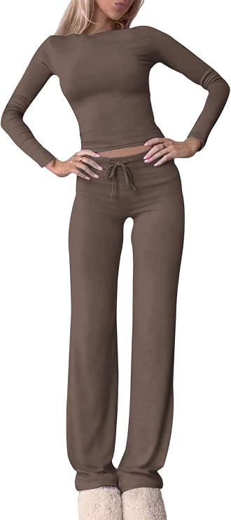 Womens Two Piece Lounge Set Long Sleeve Crop Tops Drawstring Waist Flare Leggings PJ Matching Set Yoga Outfits