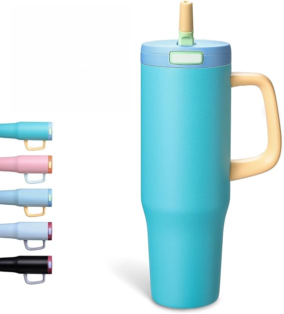40 oz Insulated Tumbler with Handle and Straw, Lake Blue