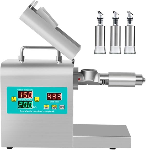 Commercial Oil Press Machine, Automatic Cold/Hot Oil Extractor with Stainless Steel Barrel, Digital Control Panel, 820W Power, High Oil Yield (with 3 Oil Bottle)