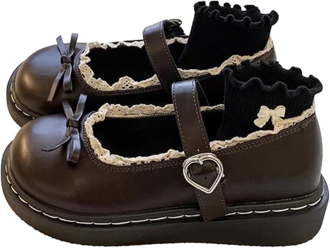 Women’s Mary Jane Shoes Lolita JK Flats with Bow-Knot Lace Round-Toe Buckle Cute Kawaii Casual Pumps for Dating Weddings Cosplay School Travel Party