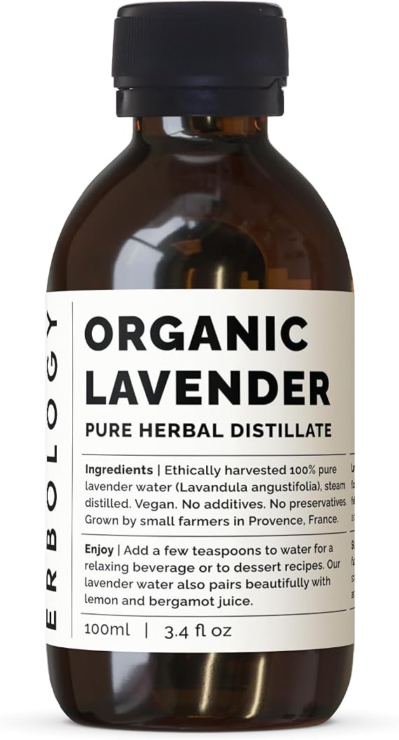 Erbology Organic Lavender Water 3.4 fl oz - Premium Food Grade Hydrolate of Lavender - Soothing and Relaxing - Non-GMO - Recyclable Glass Bottle