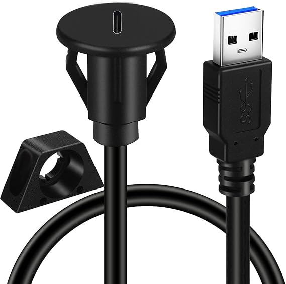 Small USB 3.0 Male to Type C 3.0 Female Car Flush Mount Cable USB C 3.0 Panel Mount Extension Cable for Car Truck Boat Motorcycle Dashboard 3ft