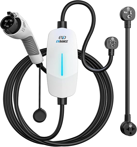 EVDANCE Level 1&2 EV Charger, Electric Vehicle Portable Charger with 25FT Cable, ETL Listed J1772 EVSE for All EVs & PHEVs, 12A 120V/16A 240V(White, 16A Max | NEMA 5-15&6-20(Standard Home Plug))