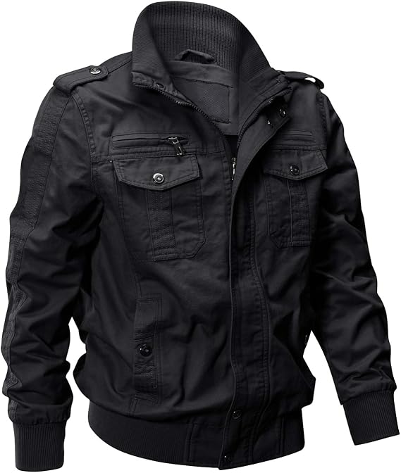 EKLENTSON Men's Military Flight Jackets Cotton Multi Pocket Workwear | Military style, ribbed knit cuffs and hem, stand collar, zip closure with snap buttons, multi cargo pockets, for daily wear