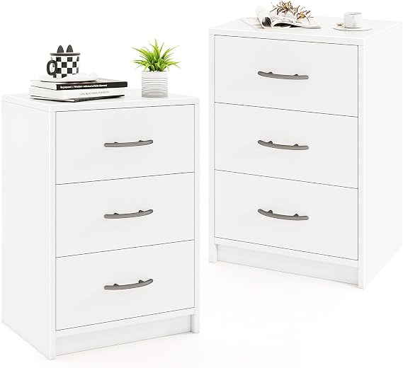 GIANTEX Nightstand with 3 Drawers Set of 2, Modern Night Stand with Storage Drawers, Compact Floor Sofa Side Table for Small Spaces, Wood 3-Drawer Bedside Table for Bedroom Home Office, White