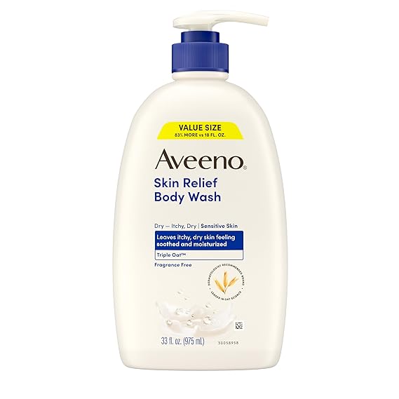 Aveeno Skin Relief Fragrance-Free Body Wash with Triple Oat Complex, Gentle Daily Cleanser for Sensitive Skin Leaves Itchy, Dry Skin Feeling Soothed & Moisturized, 33 fl. oz