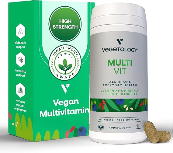 Vegetology Vegan Multivitamin Tablets for Women and Men, 26 Chelated Vitamins and Minerals with Iron, Vitamin B12, D3 and K2, Metabolic, Brain, Immune Support, 60 Tablets, 2 Months Supply, Ages 11+