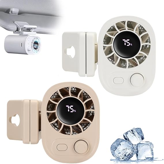 Car Clip on Fan with Led Display - 360 Rotation, 100 Speeds Adjustable, USB Rechargeable Personal Cooling Fans 1800mAh Battery, Strong Wind Ultra Quiet (White +Khaki)