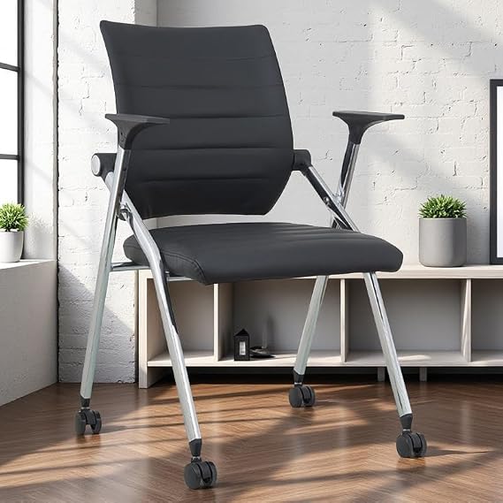 Foldable Office Chair,Folding Desk Chair with Wheels, 360 Rotation Leather Conference Training Chairs,Portable Padded Office Chairs. Backrest Bouncy,Black(1 Pcs)