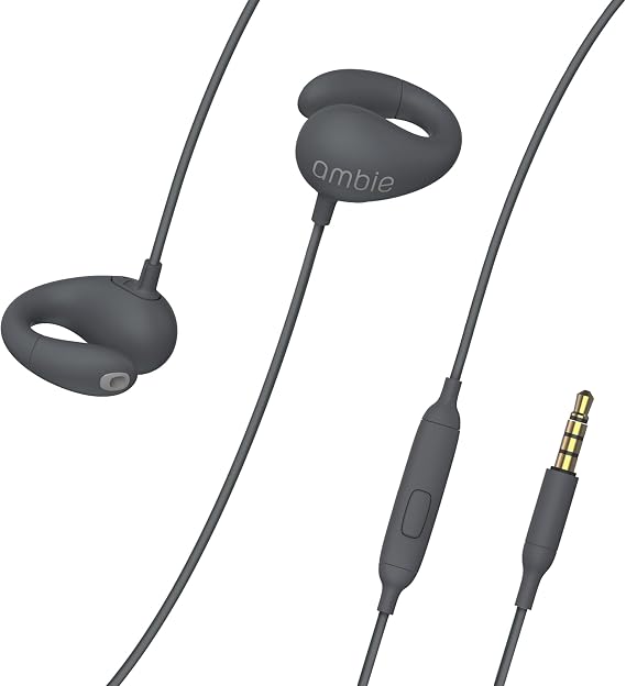ambie Sound Earcuffs - Open Ear Earbuds Wired Ear Clip 3.5mm Headphones with Built-in Microphone & Easy Volume Control | Clip-on Ear Cuff Style Headset | Lightweight Silicone, Black