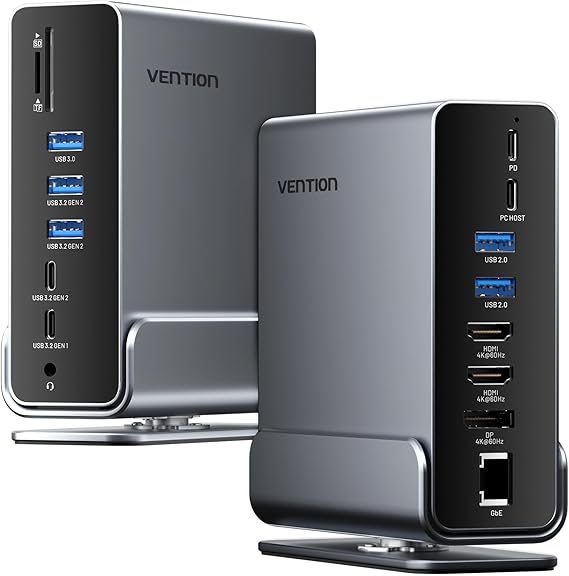 VENTION 15-in-1 Laptop Docking Station Dual Monitor, 360 Roatable Triple Monitor Docking Station with 2 * 4K HDMI and 1*DP, PD 100W Charging for Laptop, 10Gbps USB Port Transfer, RJ45, Audio, SD/TF