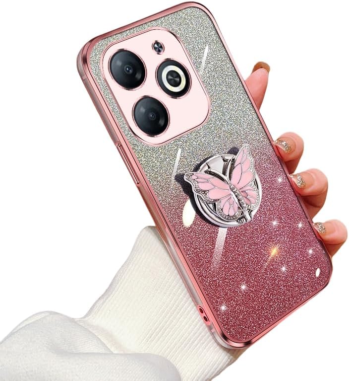 KUWAI Glitter Cover Compatible with Infinix Smart 8 Case Butterfly Kickstand Case for Infinix Smart 8 Soft TPU Electroplated Bling Shockproof Shell for Women Girls Pink