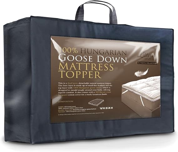 Littens Ultimate Collection Single Bed Size Dual Layer 3" Deep 100% Hungarian Goose Down Natural Mattress Topper, 300TC Cotton Jacquard, Down Proof, 2 Attachable Parts (3ft, 91cm x 190cm)