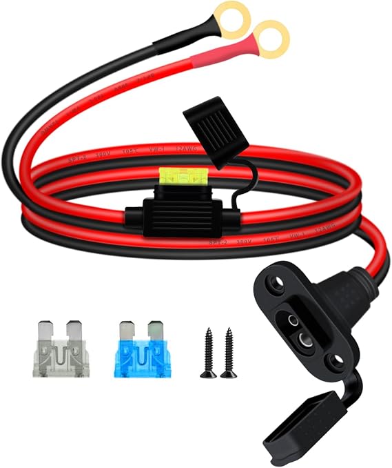 12AWG SAE Power Socket Sidewall with O Ring 8mm SAE Sidewall with Inline Fuse and O Rings 25A, for Charging Motorcycles Tractors Cars (2 m)