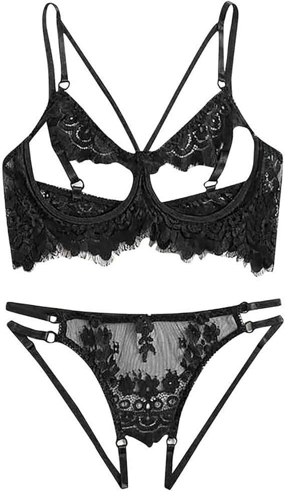 Sexy Cut Out Strappy Eyelash Floral Lace Sheer Lingerie Set for Women See Through Bra and Panty 2 Piece Underwear