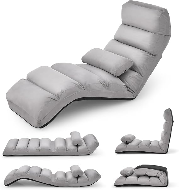 GIANTEX Folding Lazy Sofa Chair, Modern Chaise Lounge W/Pillow (Grey)