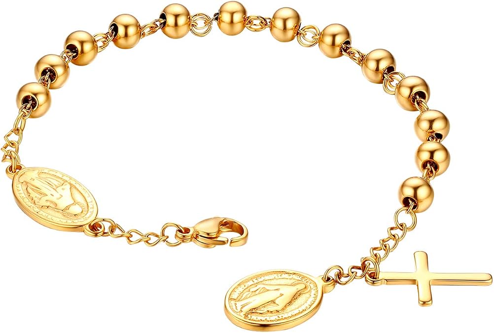 Cross Rosary Beads Bracelet for Women, Gold Stainless Steel Catholic Jesus Christ Crucifix Cross Wristband for Men Christmas Wedding