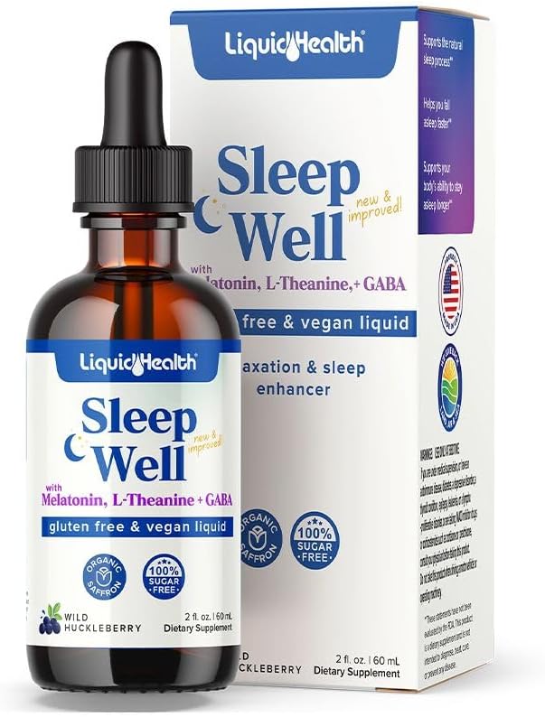 LIQUIDHEALTH Sleep Well Natural Sleep Aid Melatonin Drops - Better Sleep & Mood, Relax & Calm Mind, Fall Asleep Faster Stay Asleep Longer - Made in USA, Vegan, Sugar-Free, Drug Free, Non-GMO 2 oz