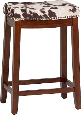 Linon Claridge Rich Brown Wooden 24 Inch Seat Height Counter Stool with Brown and Ivory Faux Cow Print Upholstered Seat