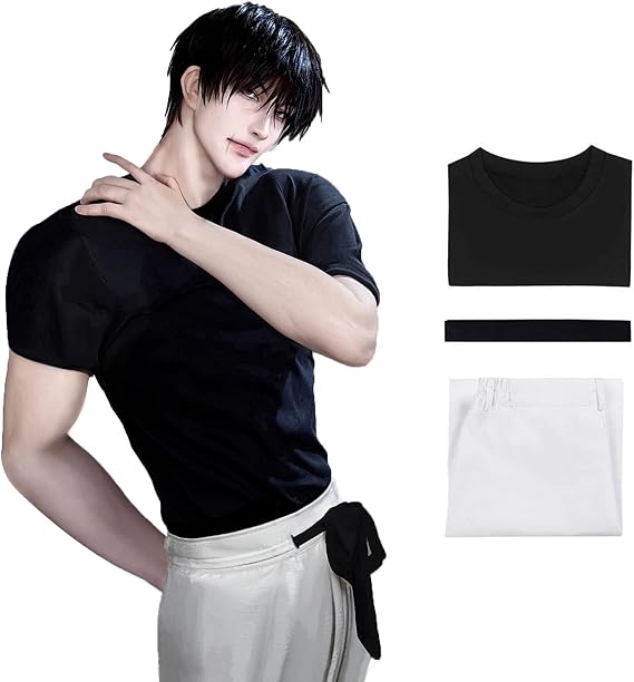 Men Anime Jujutsu Fushiguro Toji Cosplay Costume Uniform Black Tops White Pants Suit Halloween Outfits Full Set (L-tojii)