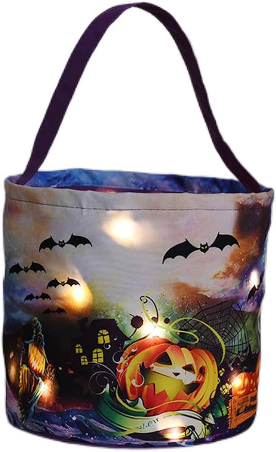 Halloween Candy Bags with LED Lights Trick or Treat Basket, Light up Halloween Party Bags Multipurpose Reusable Goody Bucket for Kids,Purple