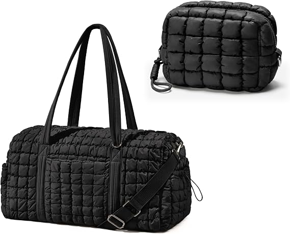 Quilted Travel Duffle Bag Puffer Weekender Bag & Quilted Makeup Bag Puffy Cosmetic Bag Cute for Women Girls