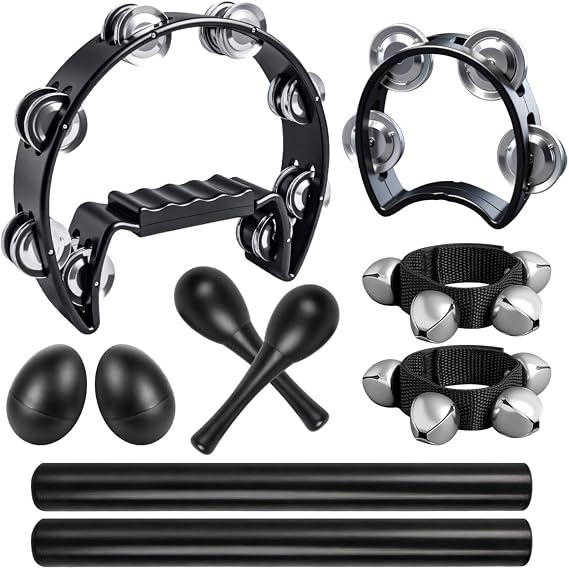 10Pcs Black Tamborines Musical Instrument Adults, Kids Music Percussion Set