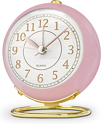 JUSTUP Small Table Clocks, Classic Silent Non-Ticking Quartz Tabletop Analog Alarm Clock Battery Operated Desk Clock with Backlight HD Glass for Bedroom Living Room Kitchen Indoor Decor Pink